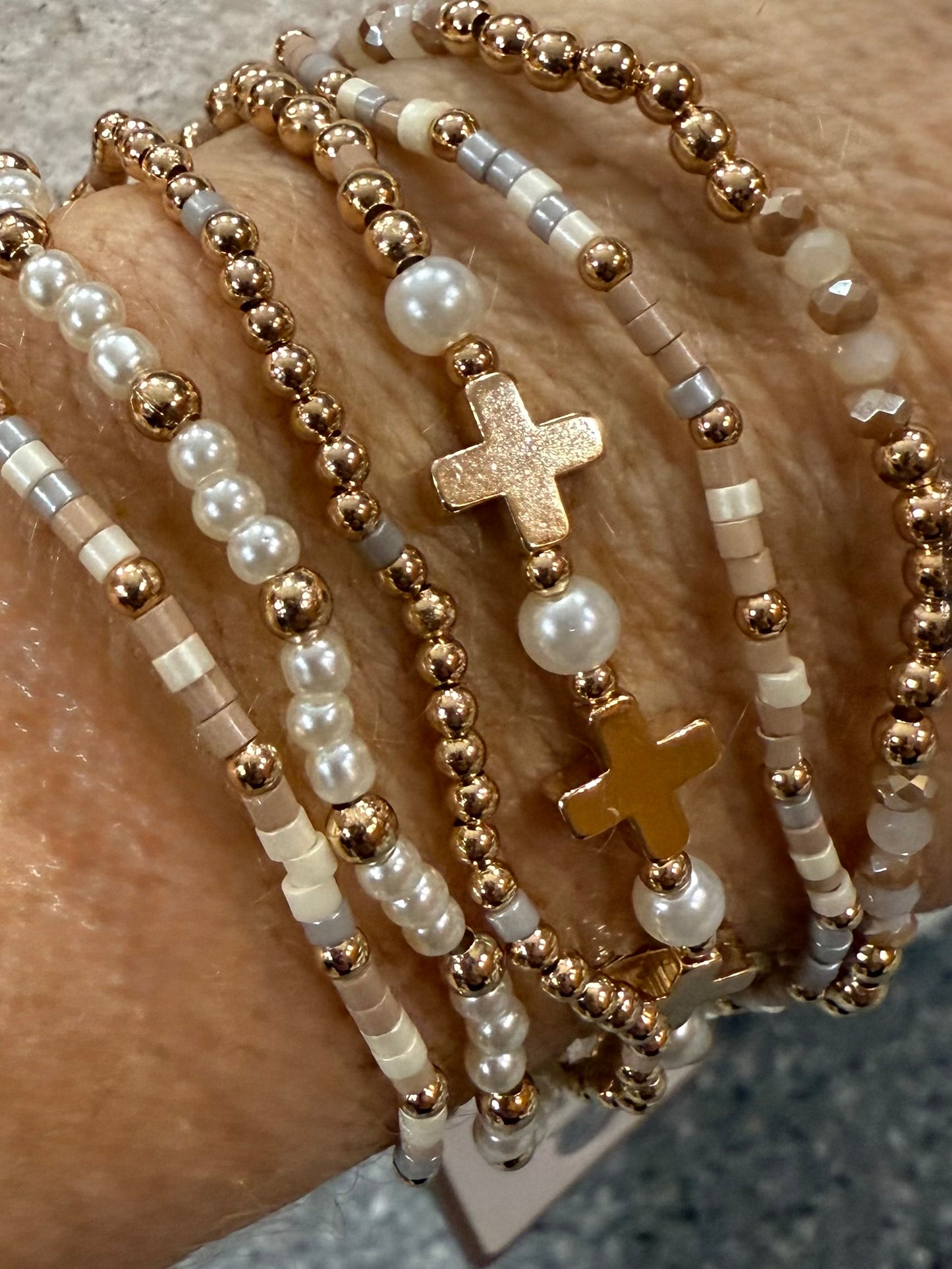 6 pc. Gold & Pearlish Bracelet Stack (Cross & Beads)