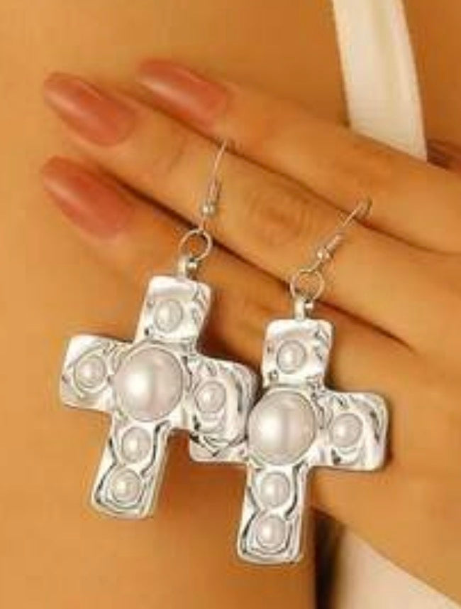 Chunky Pearl Cross Dangle Earrings (Copy)