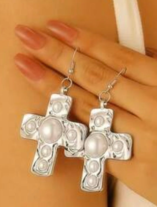 Chunky Pearl Cross Dangle Earrings (Copy)
