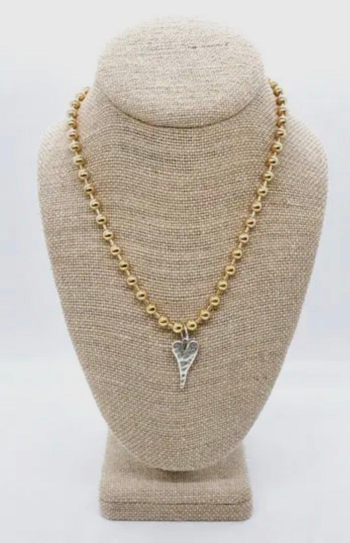 Gold Ball Beaded Chain Necklace with Elongated Silver Heart Charm