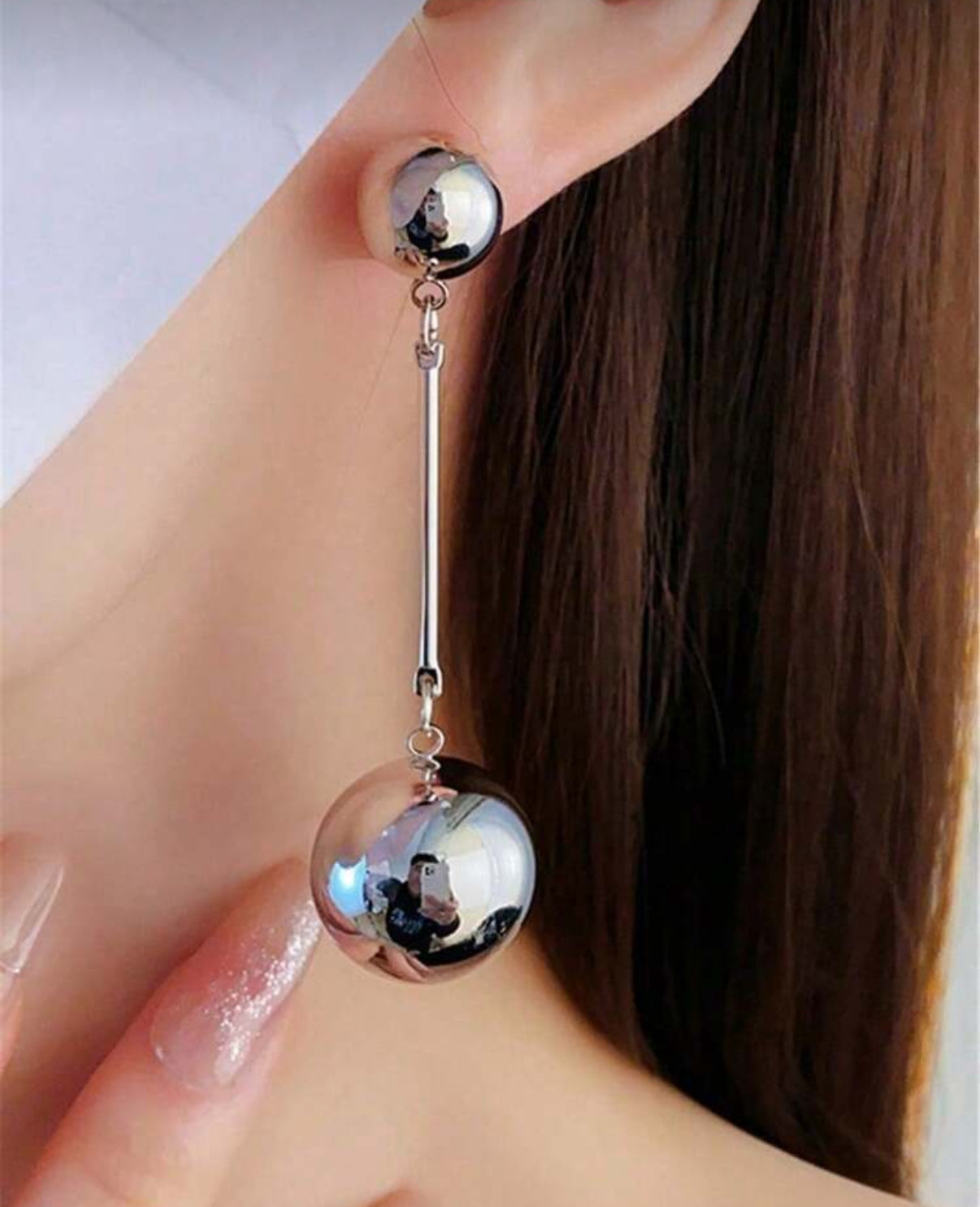 Silver Double Ball, Long Drop/Dangle Earrings