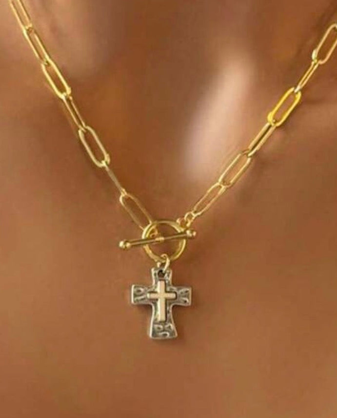 Gold Paperclip Toggle Necklace with Two Tone Cross Pendant