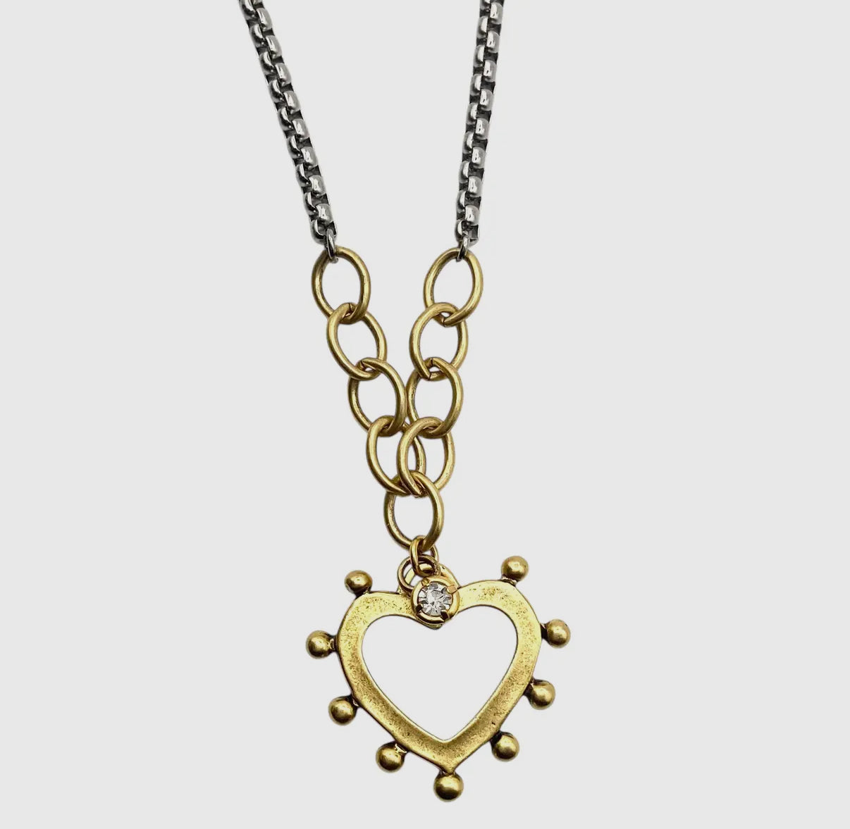 Two-Tone Silver Chain Necklace with Gold Spikey Heart Pendant