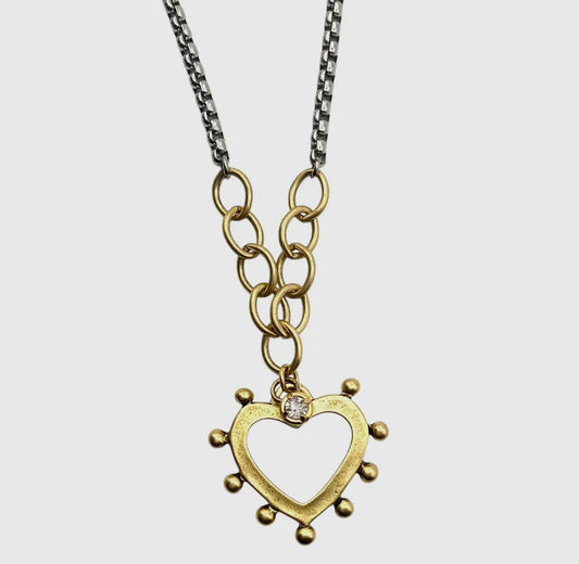 Two-Tone Silver Chain Necklace with Gold Spikey Heart Pendant