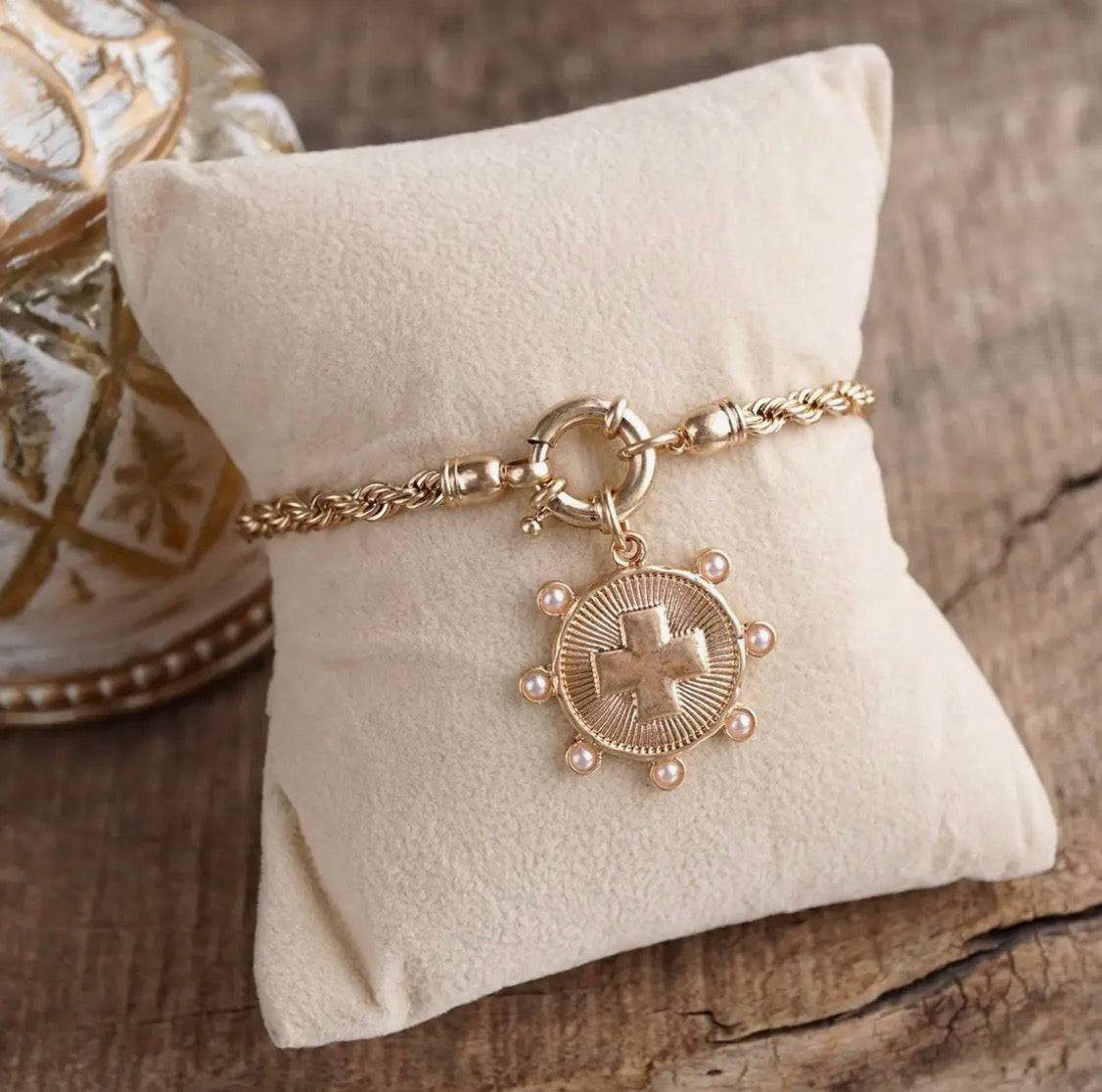 Sunlit Devotion- Gold Chain Bracelet with Gold coin accent pendant.