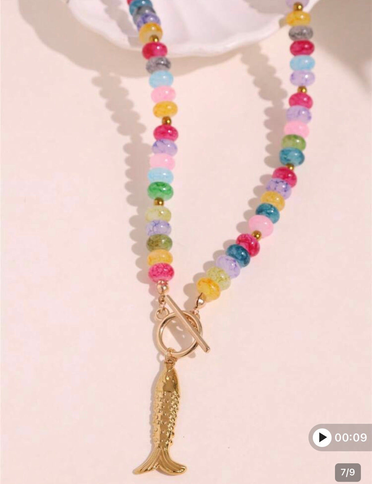 Brightly Colored Dopamine Beaded Toggle Necklace with Gold Fish Pendant