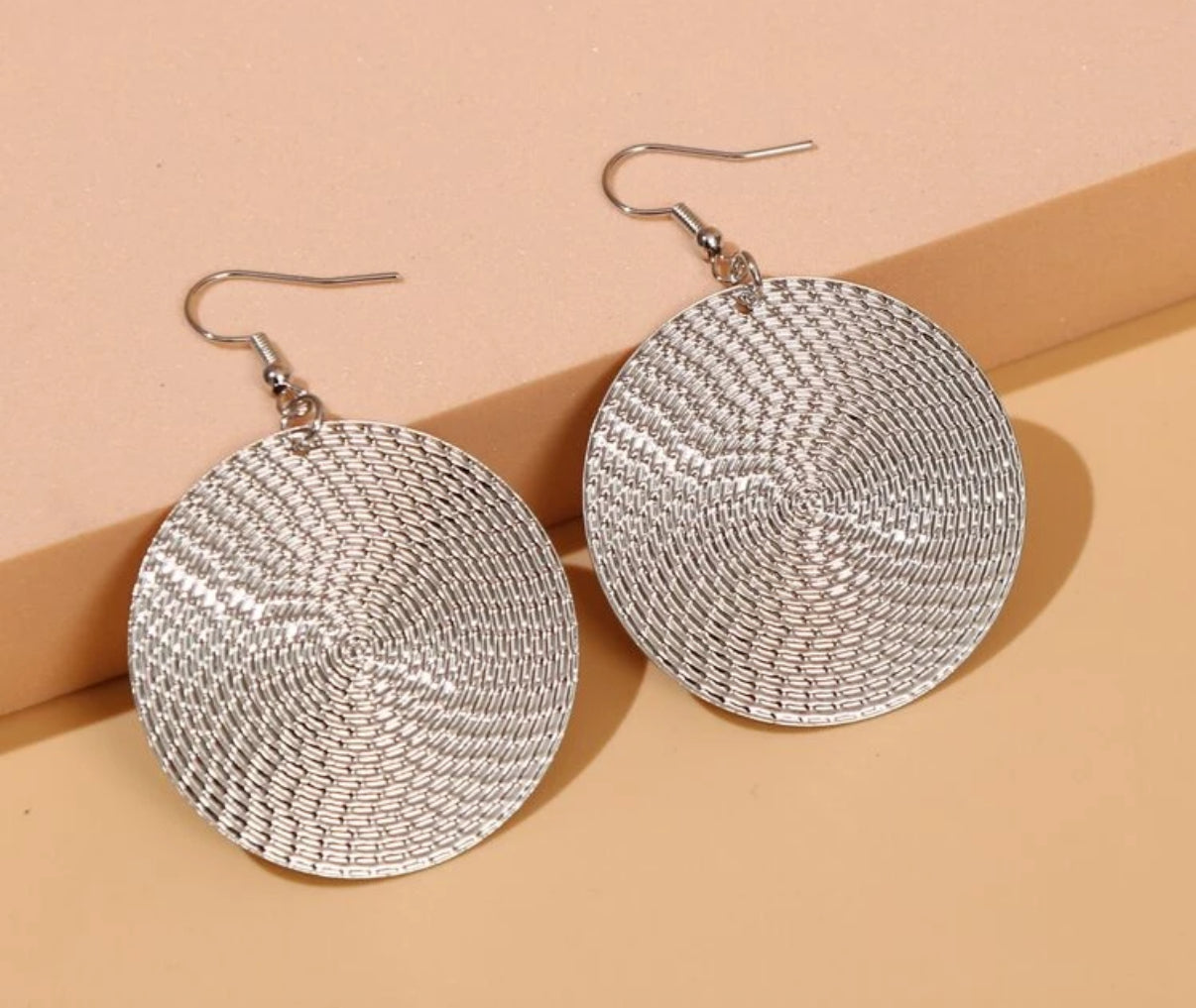 Lightweight -Textured Silver Disk Drop Earrings  (matching necklace available)