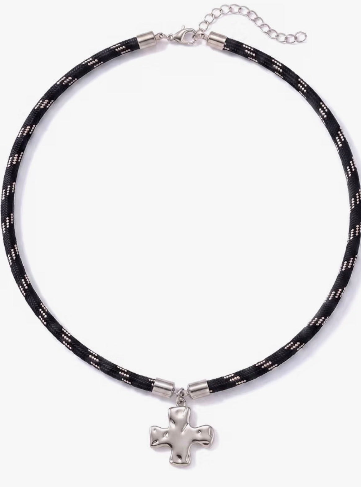 Black Paracord Necklace with Silver Hammered Square Cross Pendant