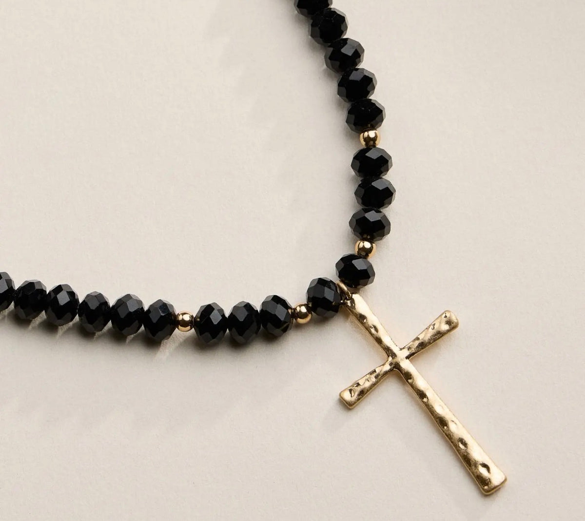 Black Beaded Necklace with Thin Hammered Cross