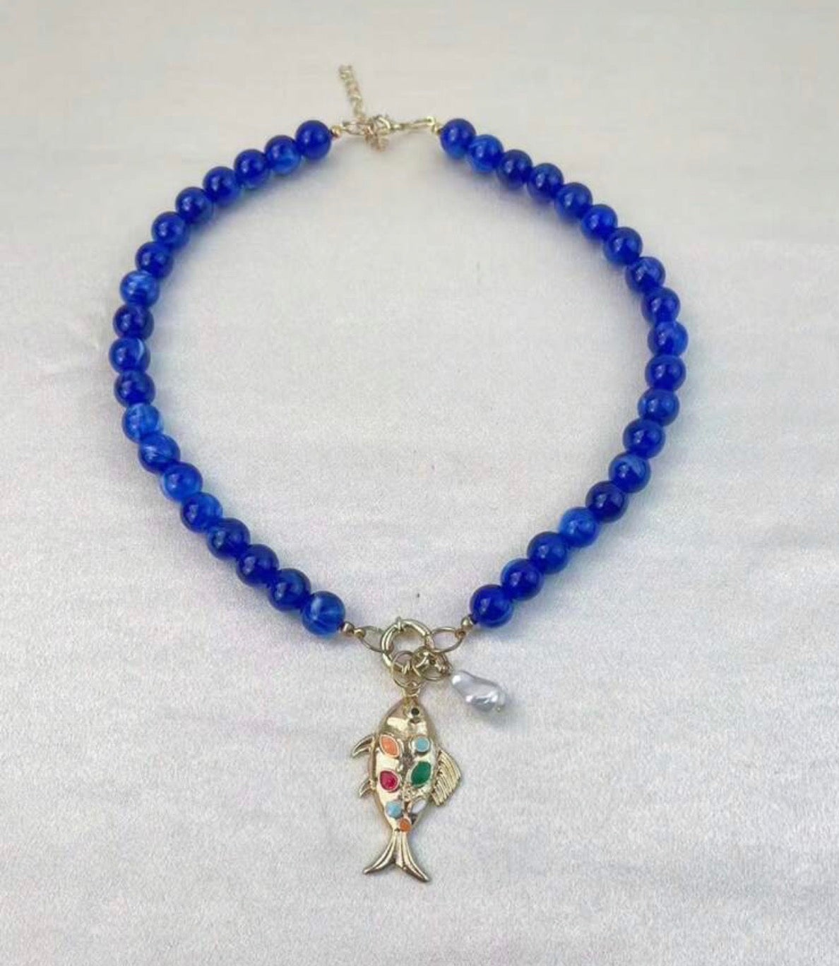 Gold & Colorful Hand Painted Fish Pendant & Pearl Charm on a Brilliant Sapphire Blue Beaded Canaliver Necklace