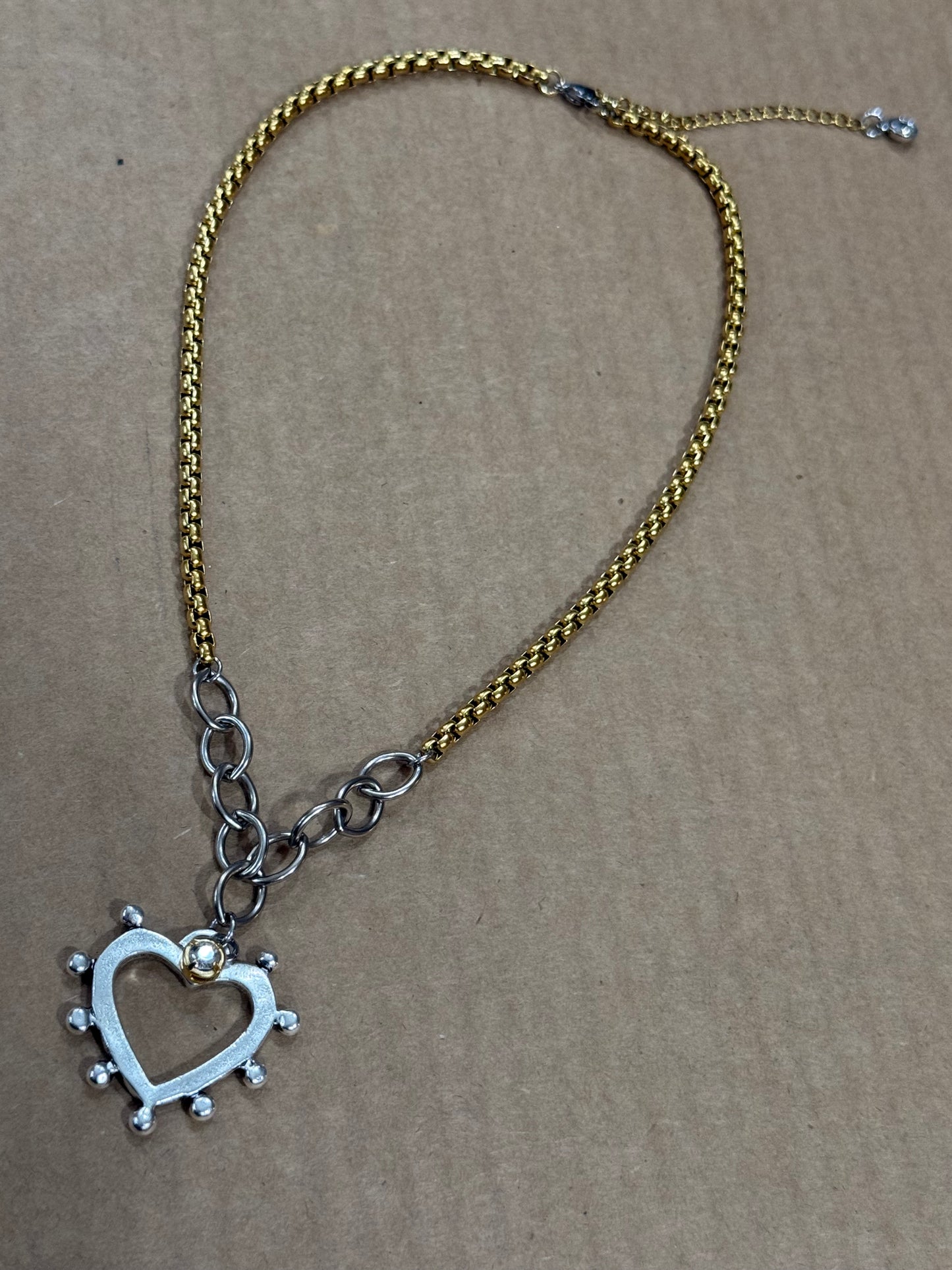 Two-Tone Gold Chain with Silver Spikey Heart Burst Charm/Pendant