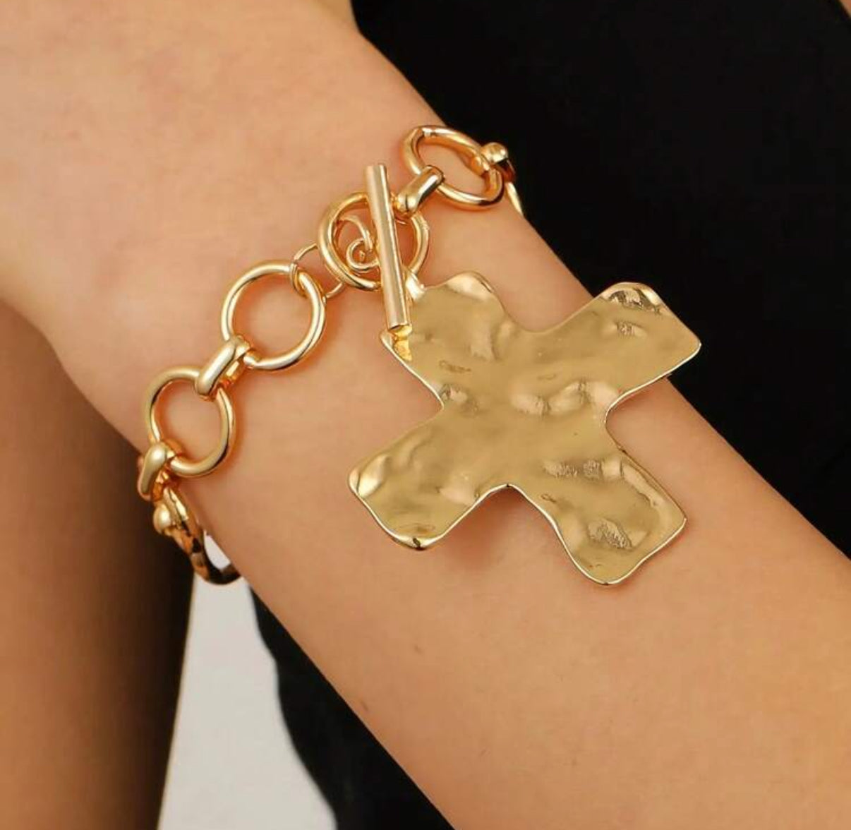 Gold Hammered Cross Pendant Toggle Chain Bracelet