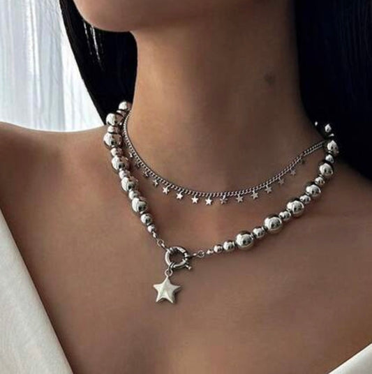 Silver Double Layered- Ball Beaded Chain with toggle/Star & Small Chain with Multiple Star Accent Necklace