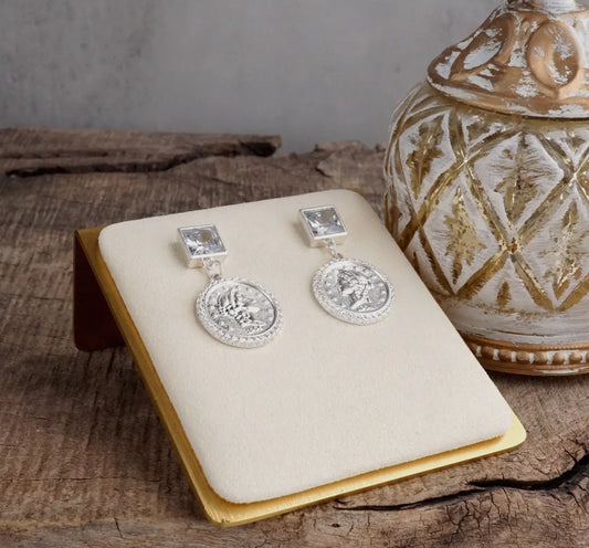 Starlit Relics- Worn Silver Coin & Crystal Drop Earrings
