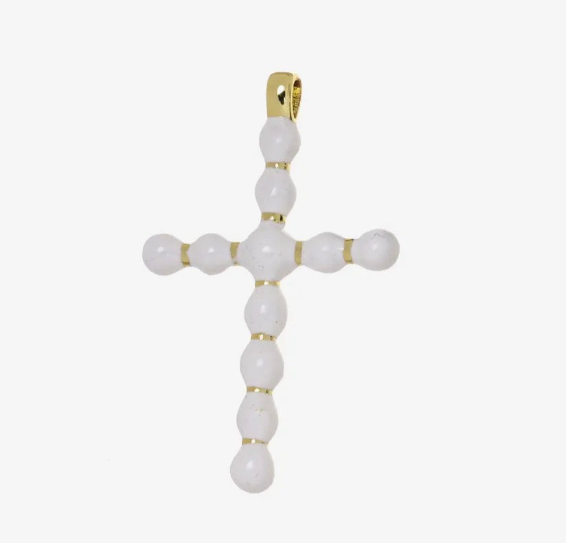White Ball Bead Cross Pendant on Gold Box Chain Necklace