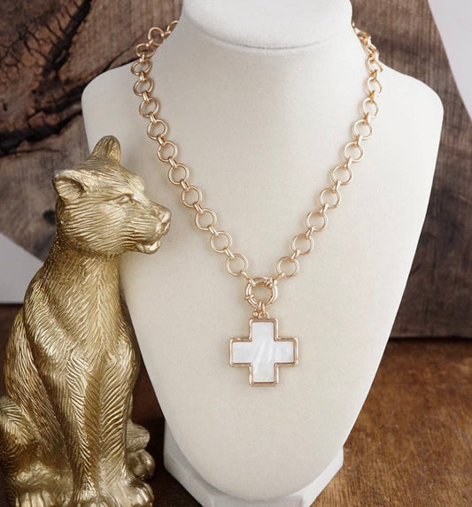 Gold Chain Necklace with Gold & Mother of Pearl Cross Pendant