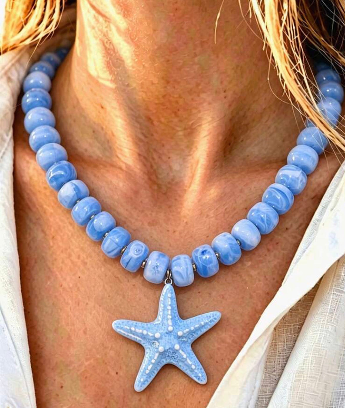 Bright Periwinkle Blue Beaded Necklace with Starfish Pendant