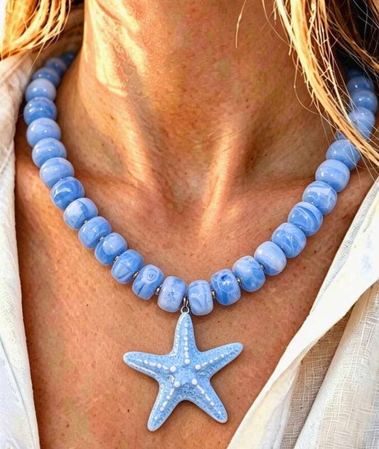 Bright Periwinkle Blue Beaded Necklace with Starfish Pendant