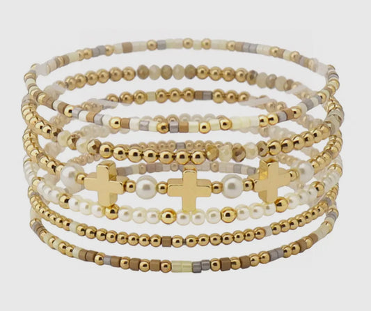 6 pc. Gold & Pearlish Bracelet Stack (Cross & Beads)