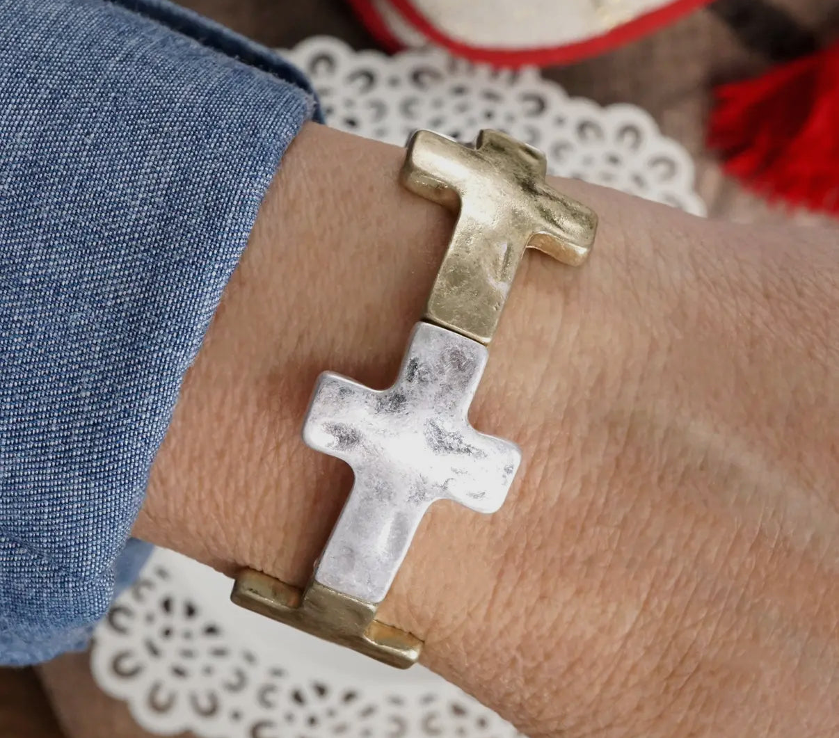 Two-Tone Boho Hammered Sideways Cross Bracelet in Worn Silver & Worn Gold