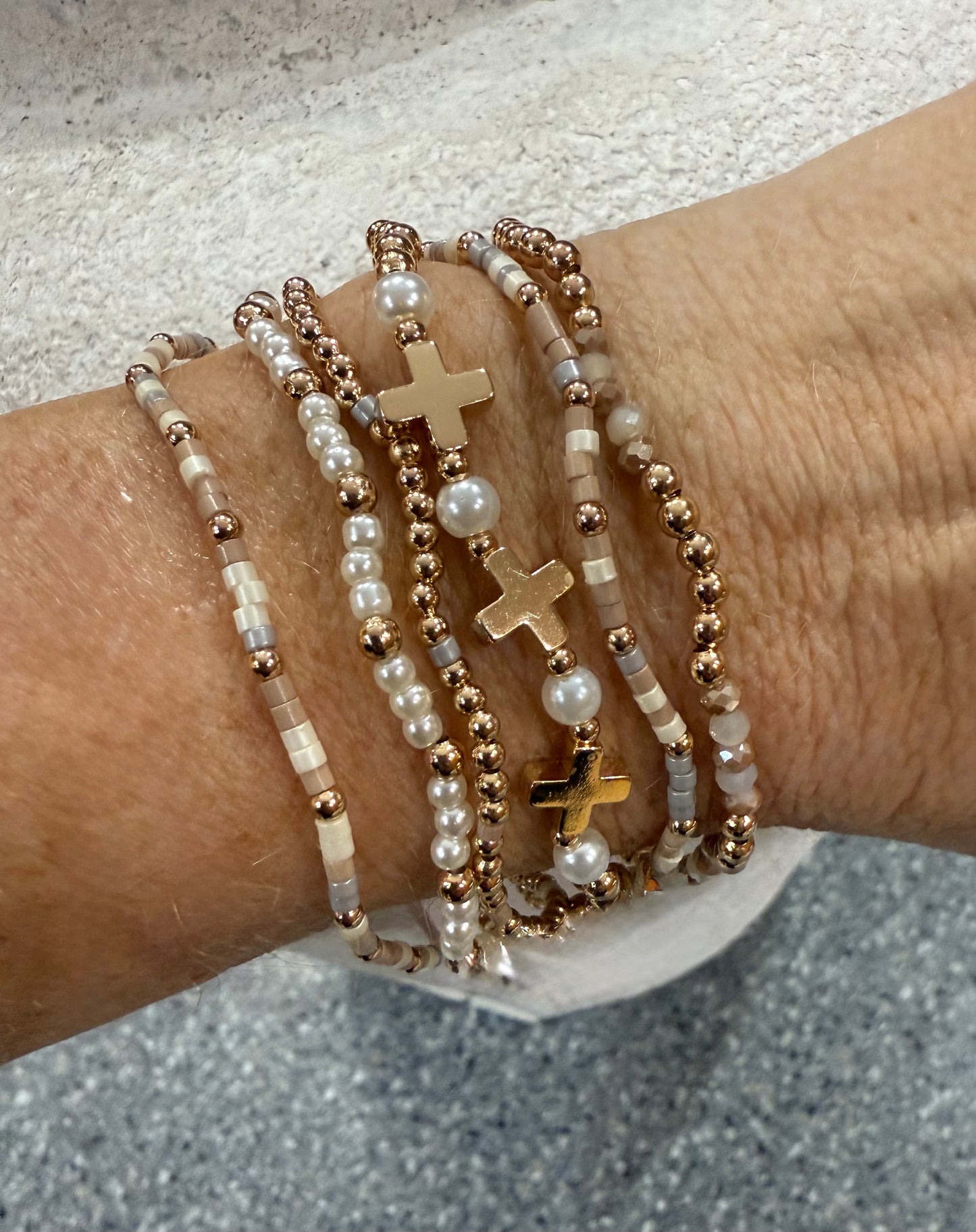 6 pc. Gold & Pearlish Bracelet Stack (Cross & Beads)