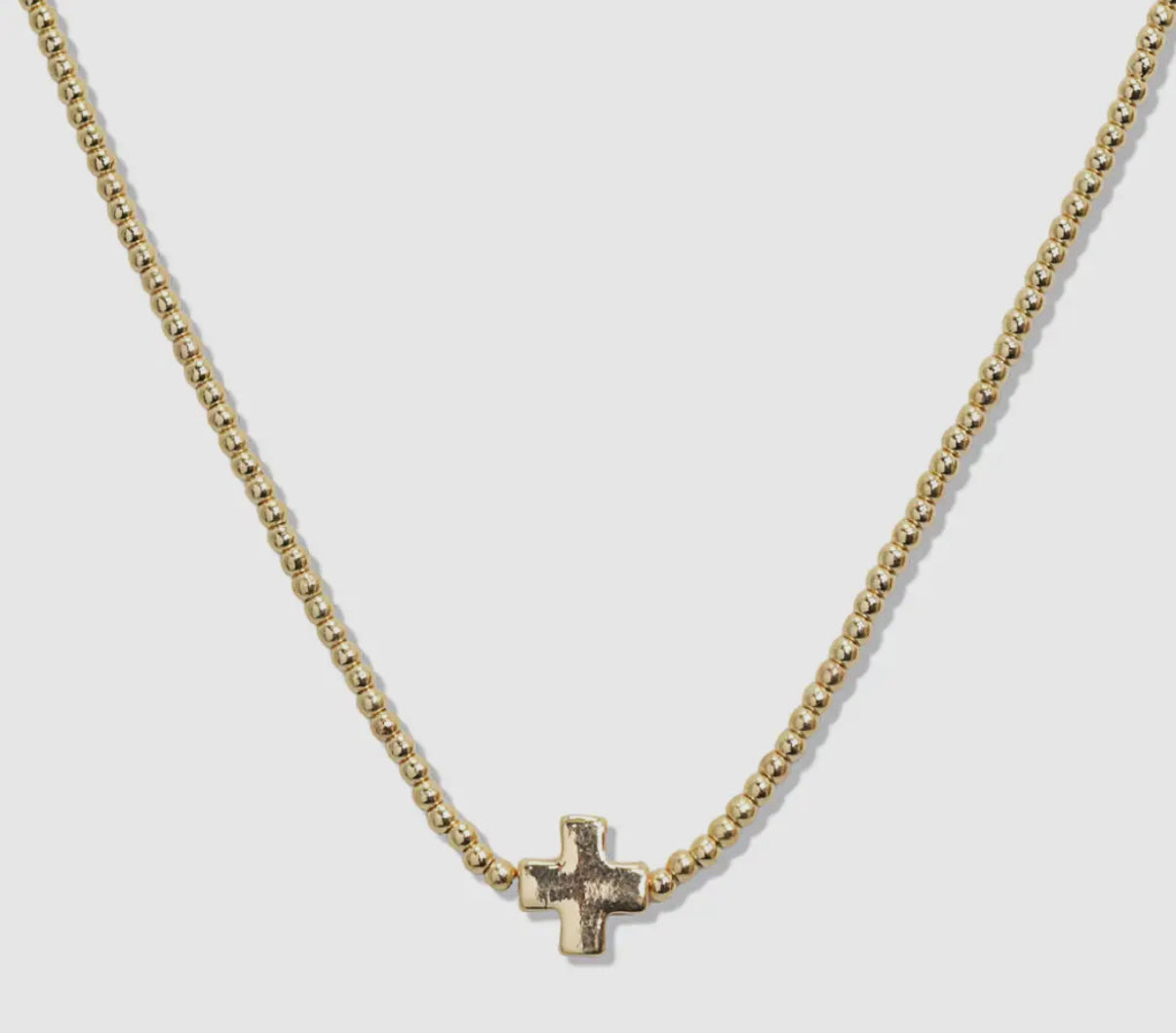 Gold Small Ball Beaded Necklace with Cross Accent