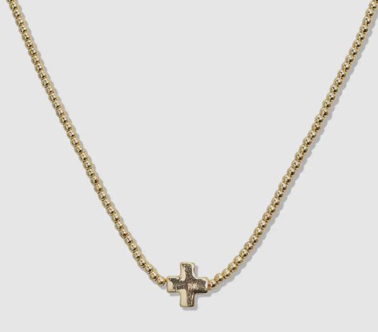 Gold Small Ball Beaded Necklace with Cross Accent