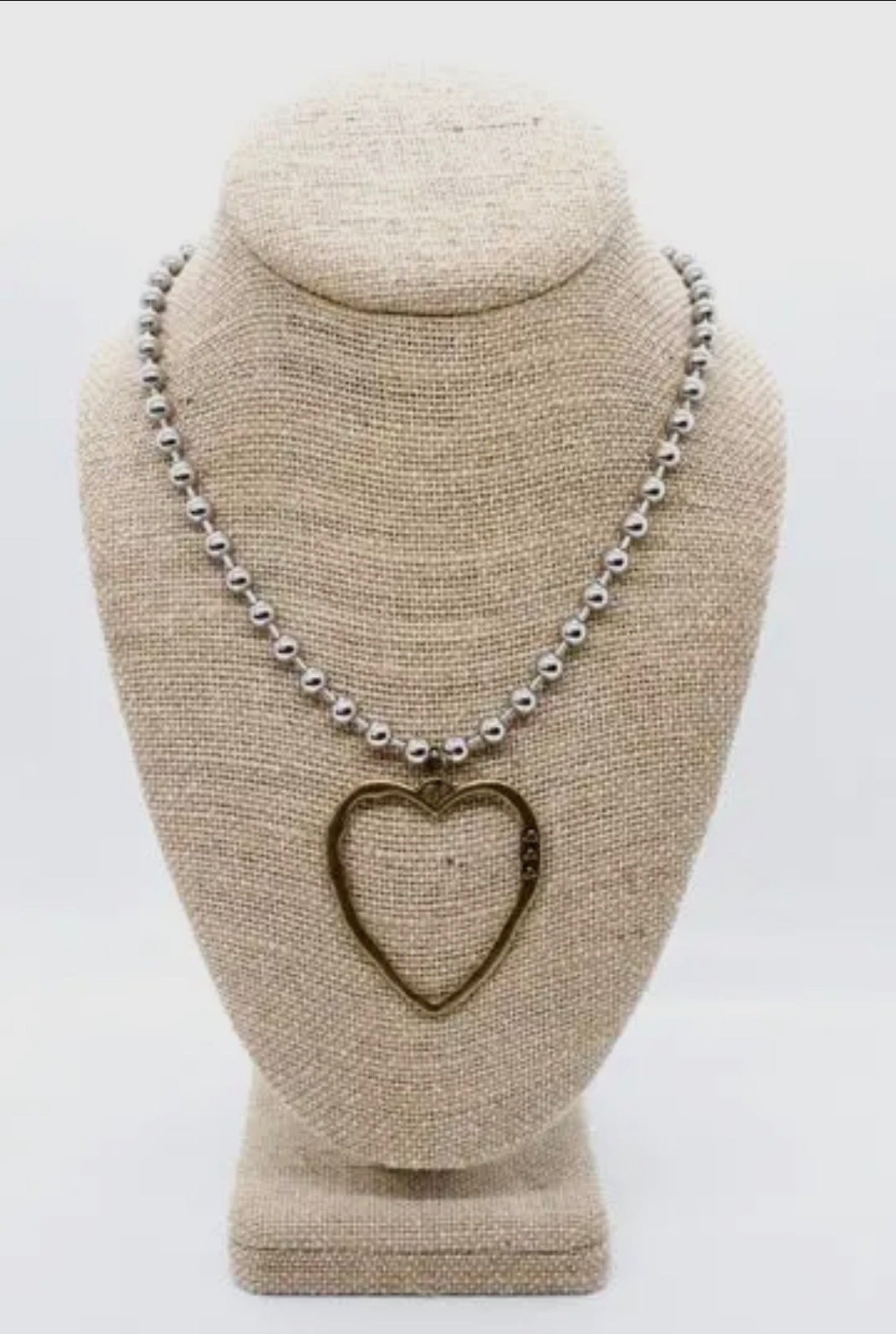 Two-Tone Silver Convertible (long/short) Steel Ball Bead Necklace with Cutout Heart Pendant