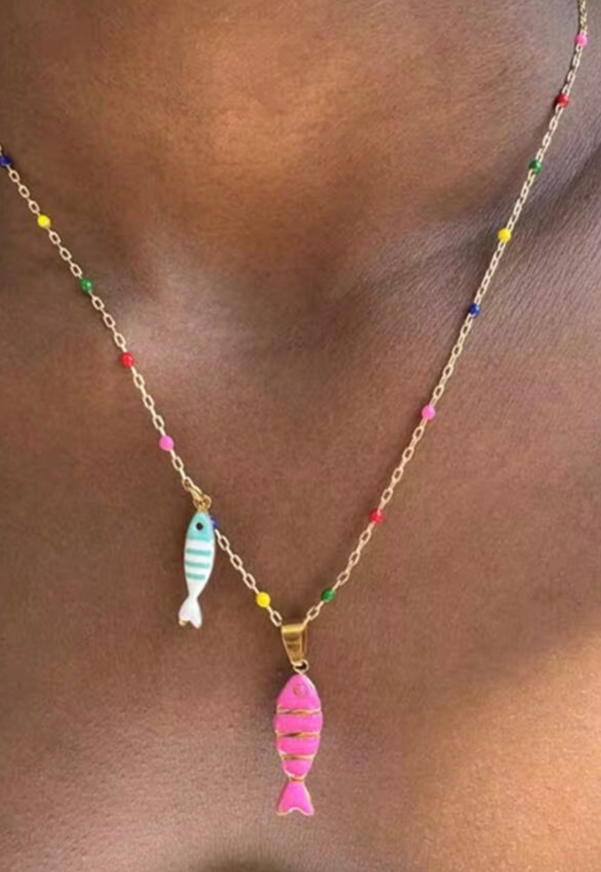 2 Piece Layered Fish Necklace Set - Both Colorful Beaded Necklaces with Miltiple Hanging Fish Charms
