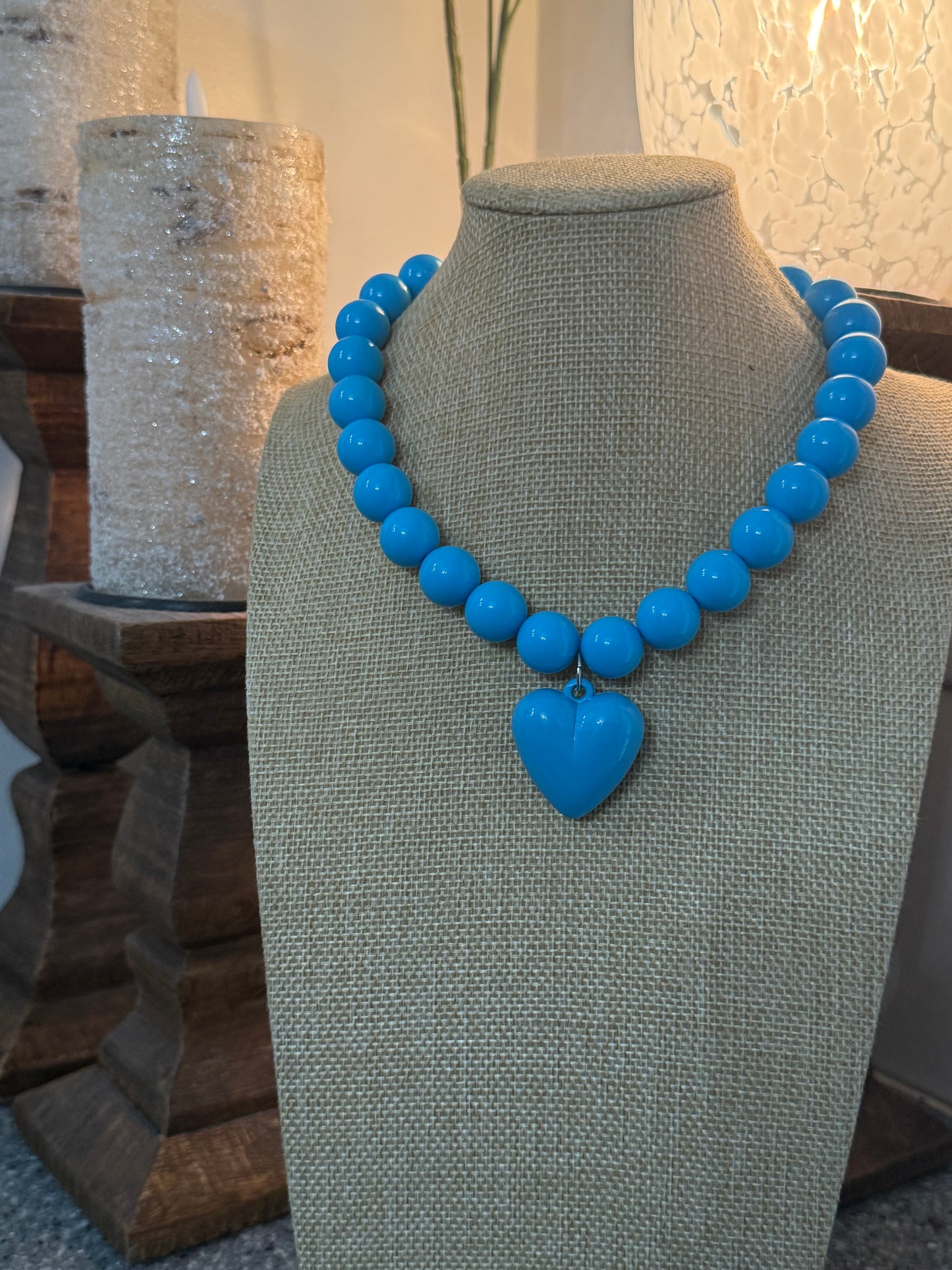 Bright Turquoise Blue Acrylic Beaded Necklace with Puffy Heart Pendant