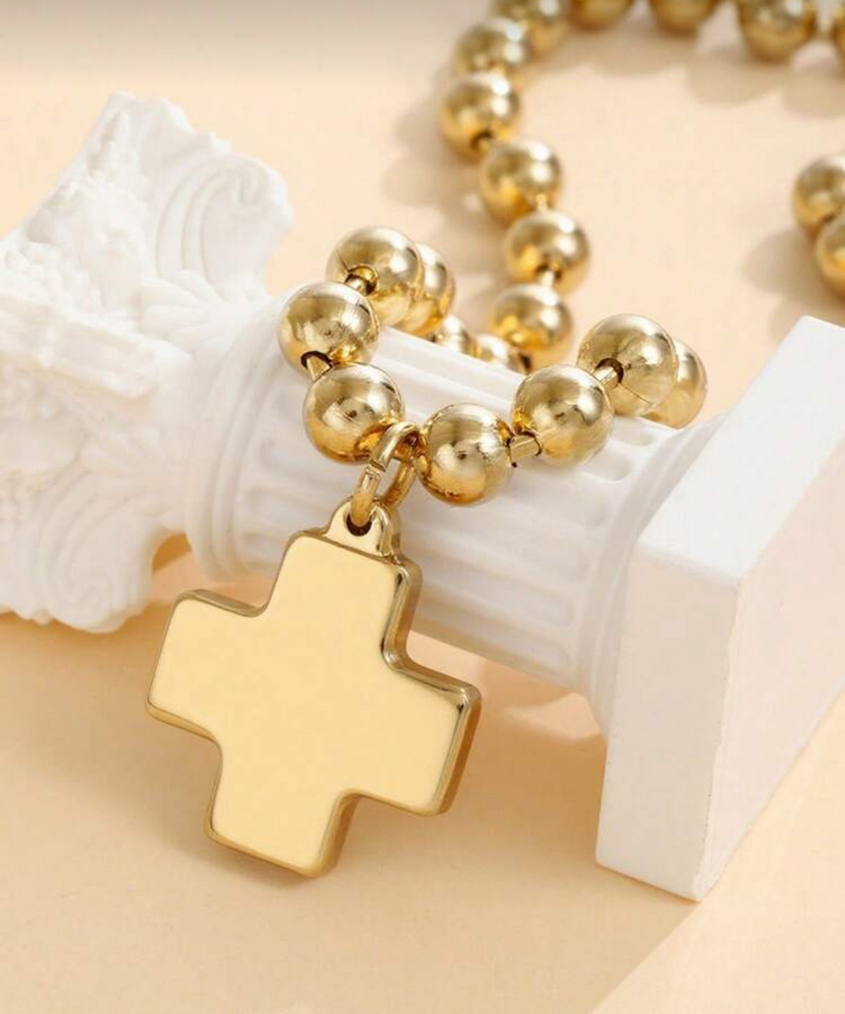 Gold Steel Ball Beaded Necklace with “Squared” Cross Pendant