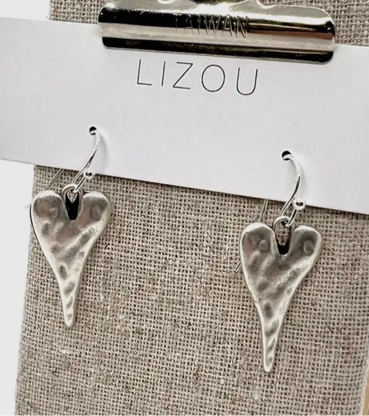 Small Silver Fishook Hammered Heart Earrings