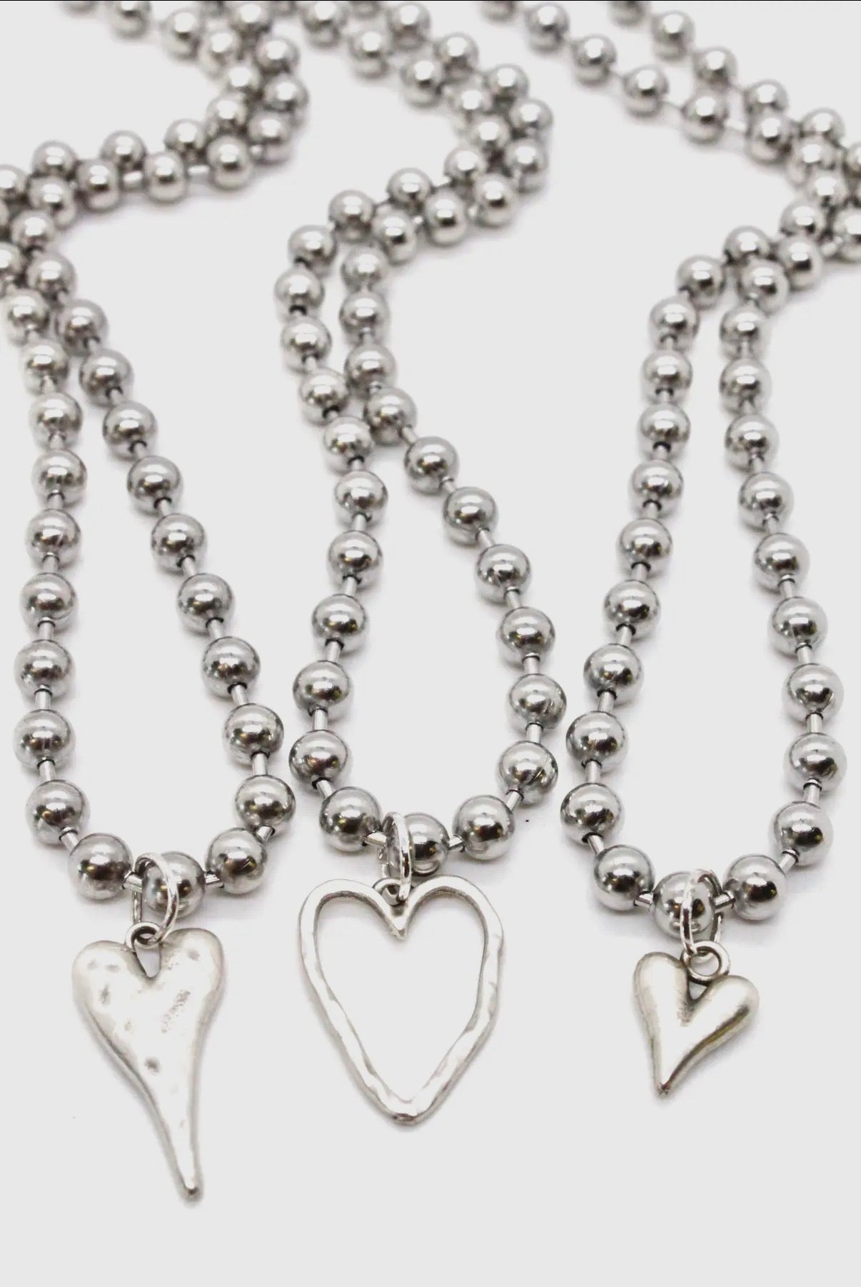 Silver Ball Beaded Necklace with Elongated Heart Charm