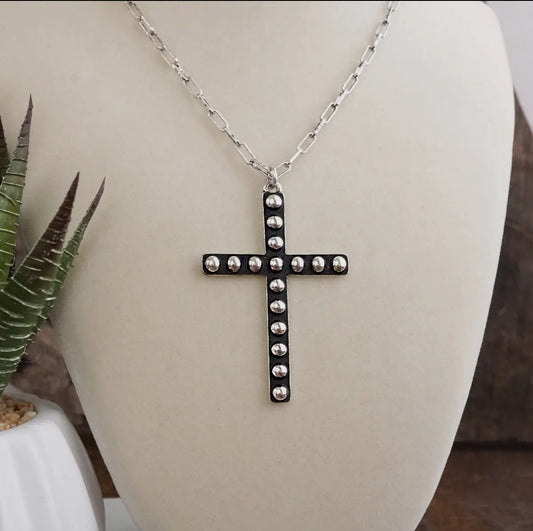 Sacred Echo- Black & Silver Bubble Cross Pendant Necklace