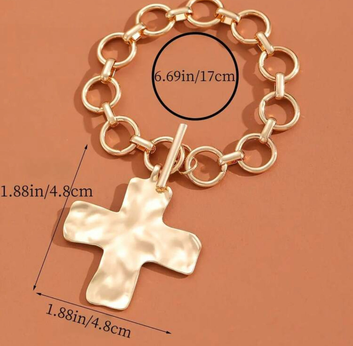 Gold Hammered Cross Pendant Toggle Chain Bracelet