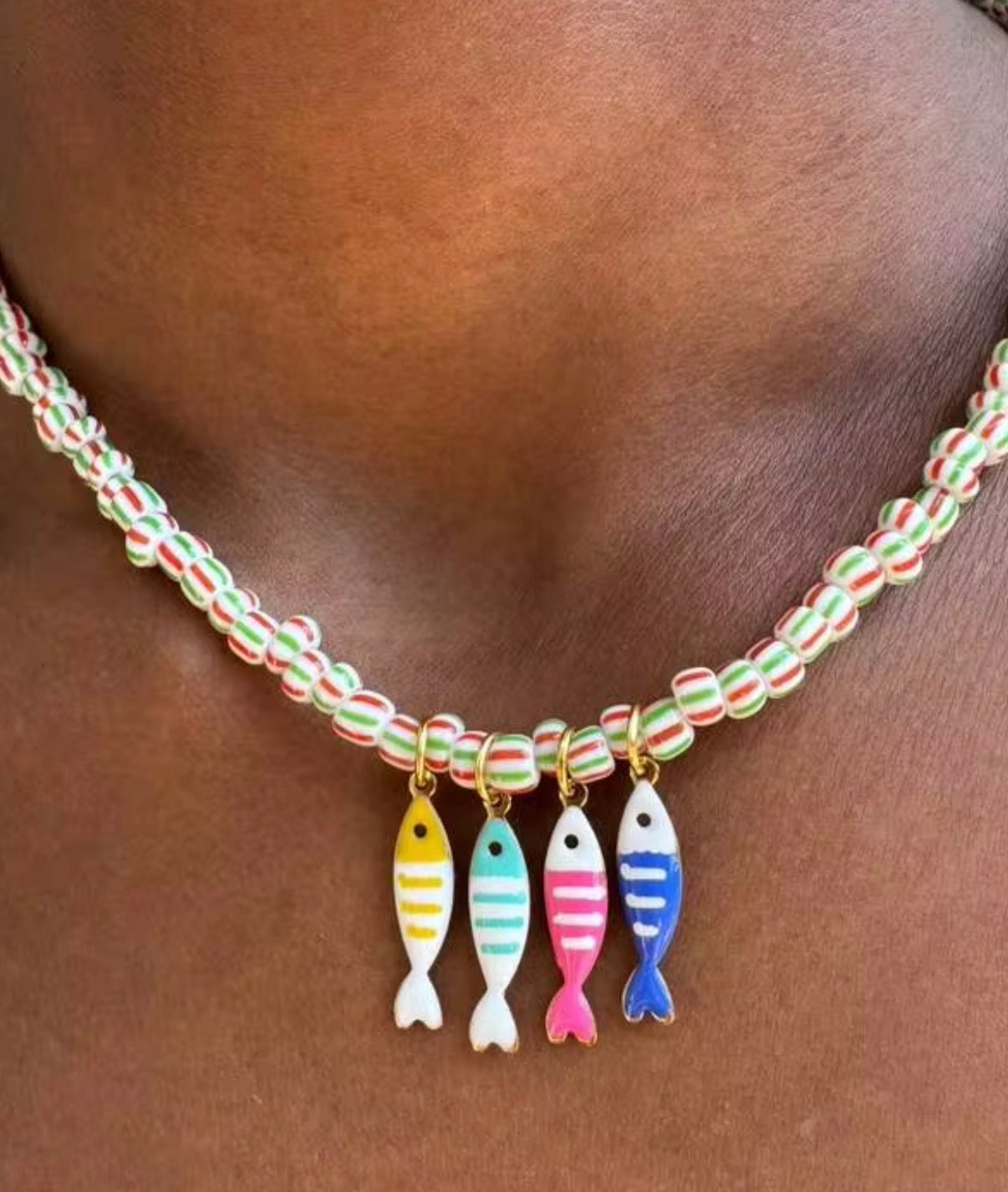 2 Piece Layered Fish Necklace Set - Both Colorful Beaded Necklaces with Miltiple Hanging Fish Charms