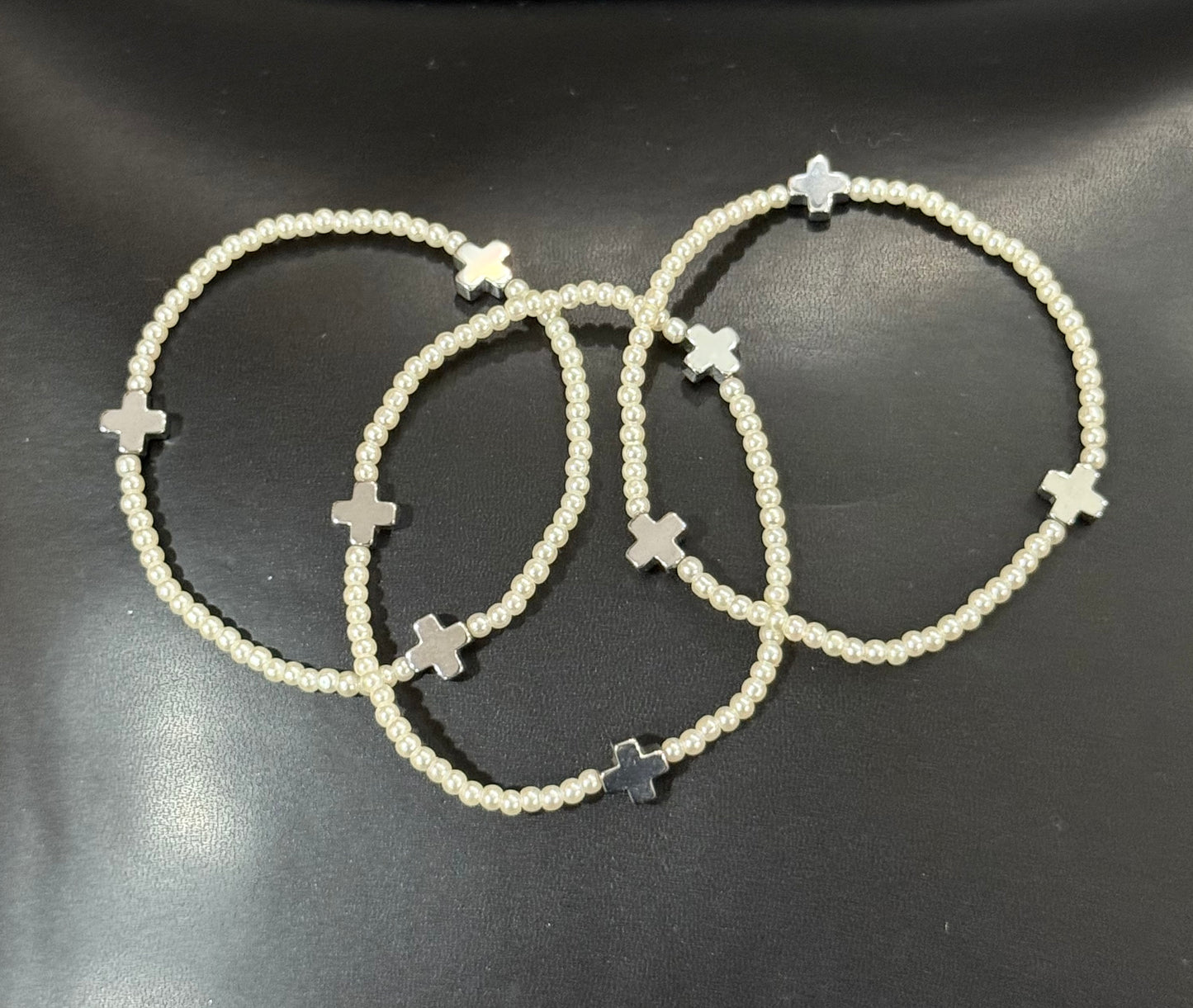 3 pc. Set Silver & Pearl Stretch Bracelets with Silver Cross Accents