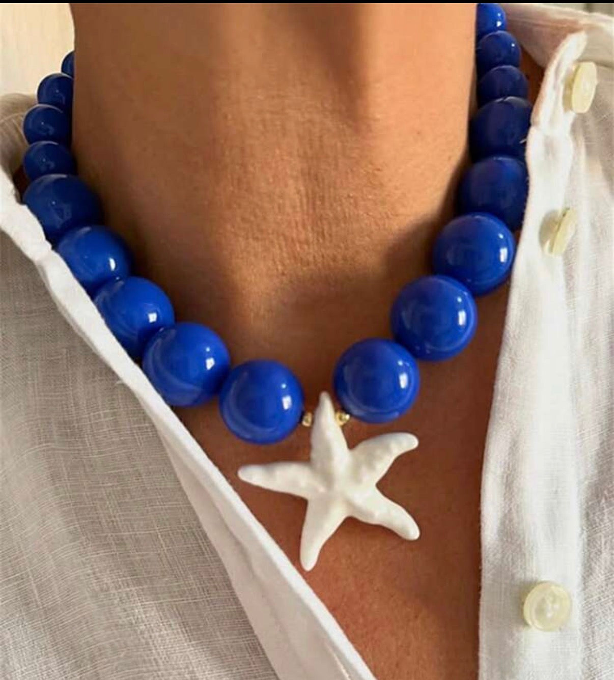 Bright Blue Beaded Necklace with White Starfish Pendant