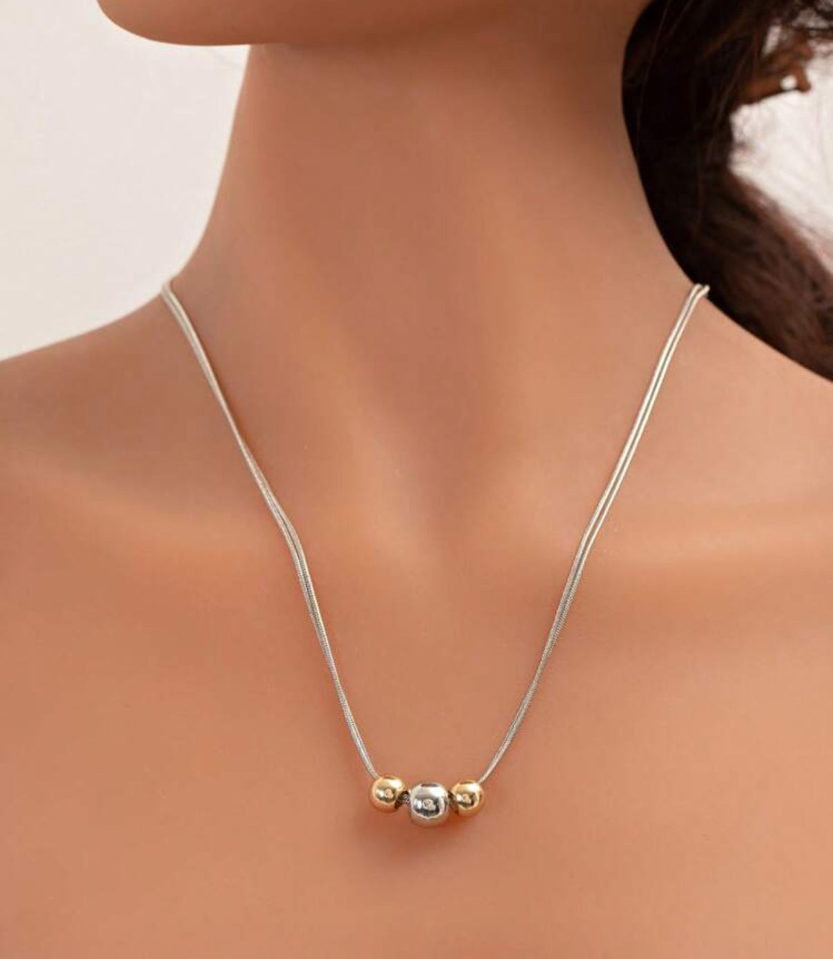 Silver Chain Necklace with Two-Tone Ball Bead Accents