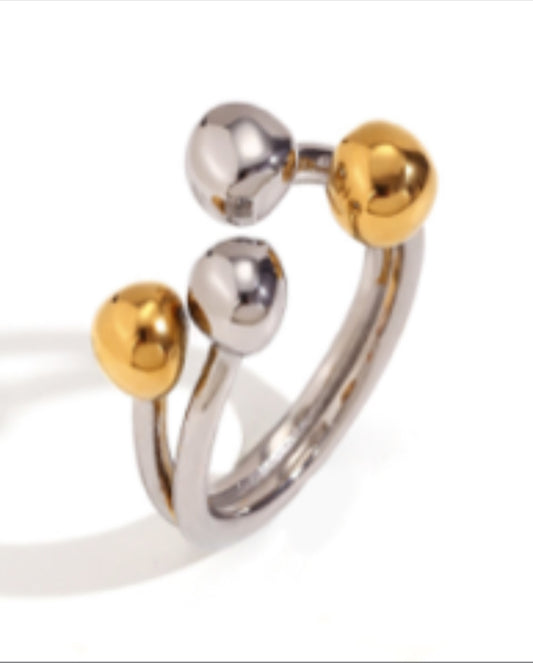 Two-Tone Silver Ring with Gold & Silver Ball Accents- Adjustable