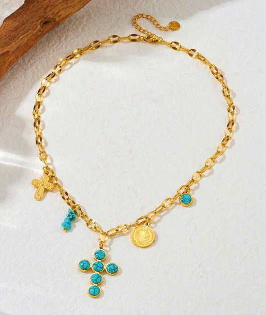 Gold & Turquoise Cross Charm Necklace