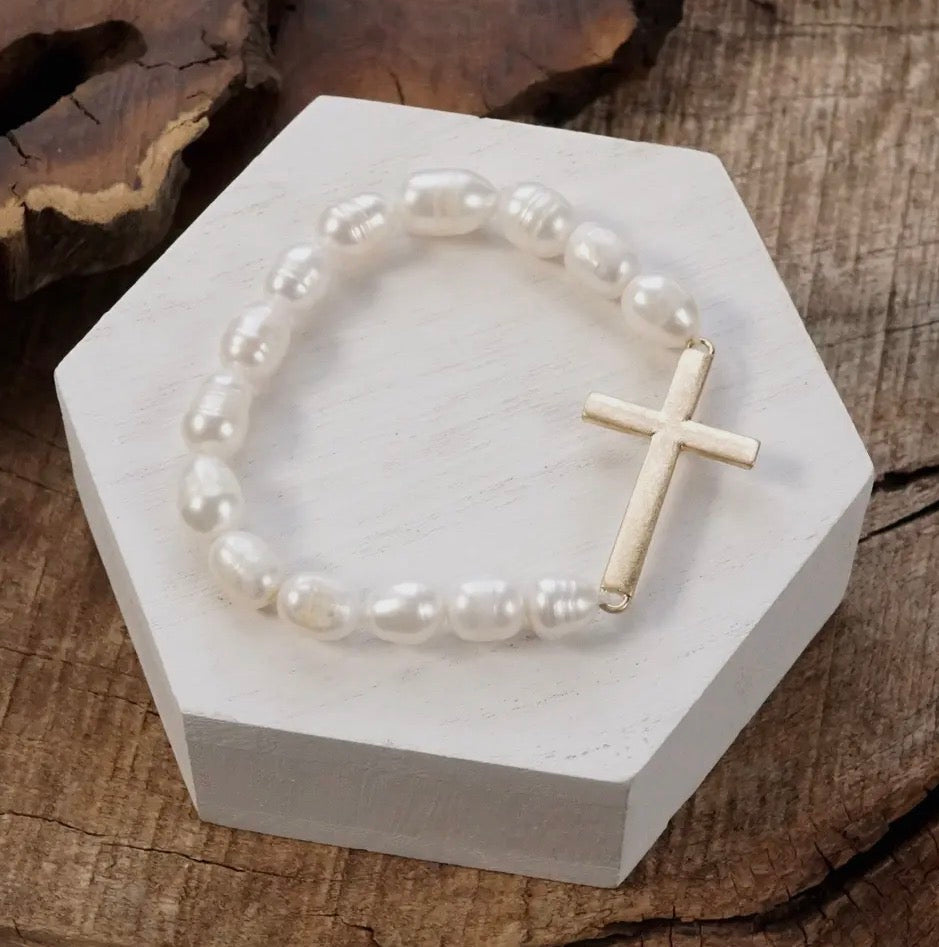 Pearl Beaded Stretch Bracelet with Worn Gold Sideways Cross