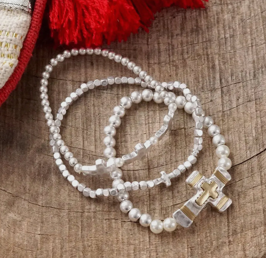 3 Cross Boho Bracelet Set in Worn Silver Tone