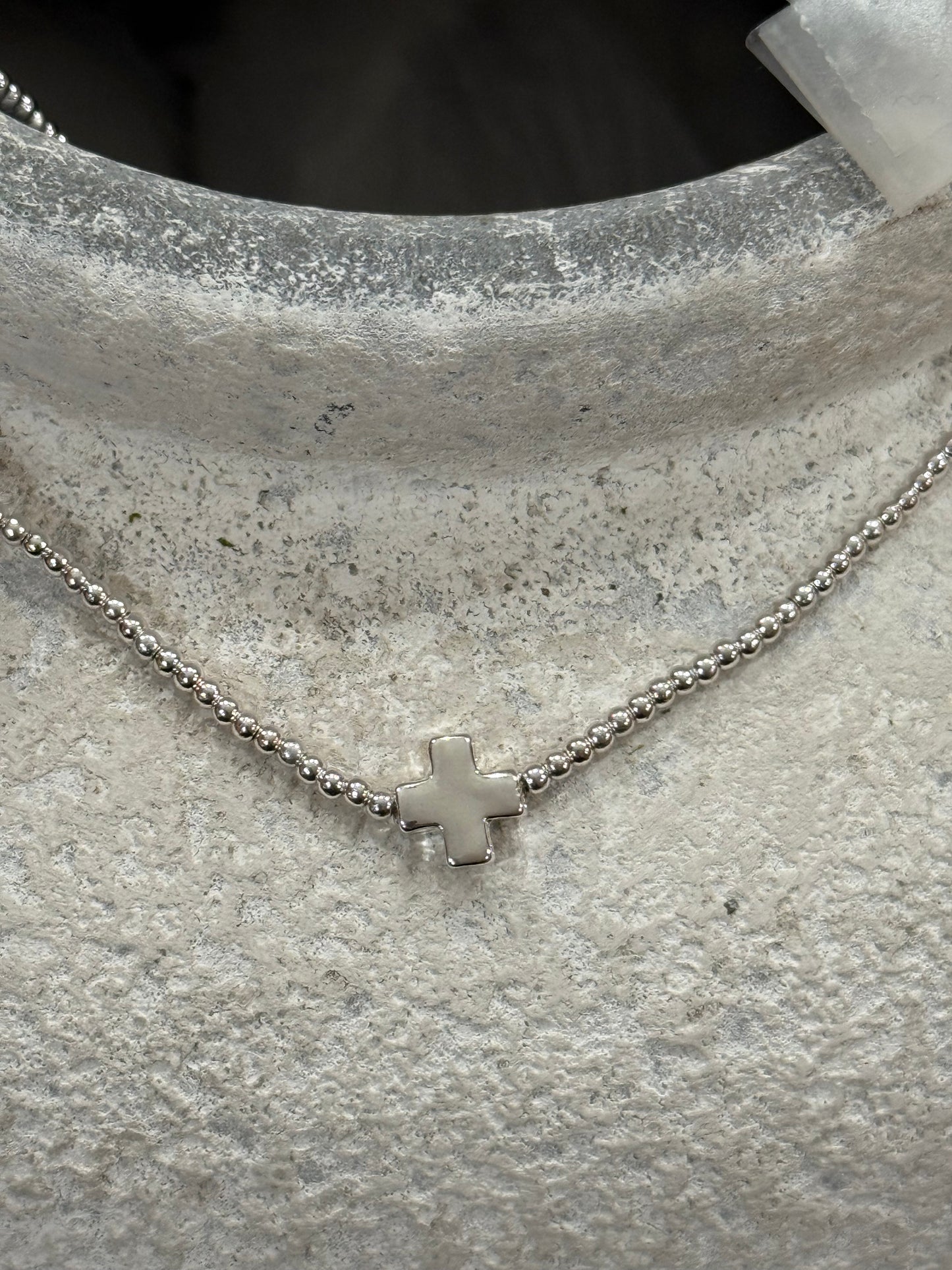 Silver Small Ball Beaded Necklace with Cross Accent