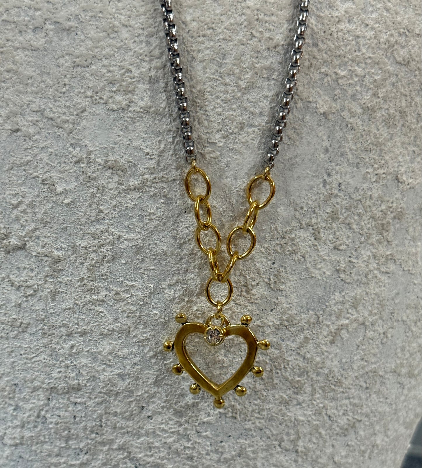 Two-Tone Silver Chain Necklace with Gold Spikey Heart Pendant
