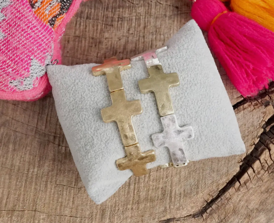 Two-Tone Boho Hammered Sideways Cross Bracelet in Worn Silver & Worn Gold