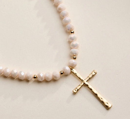Ivory Beaded Necklace with Thin Hammered Cross