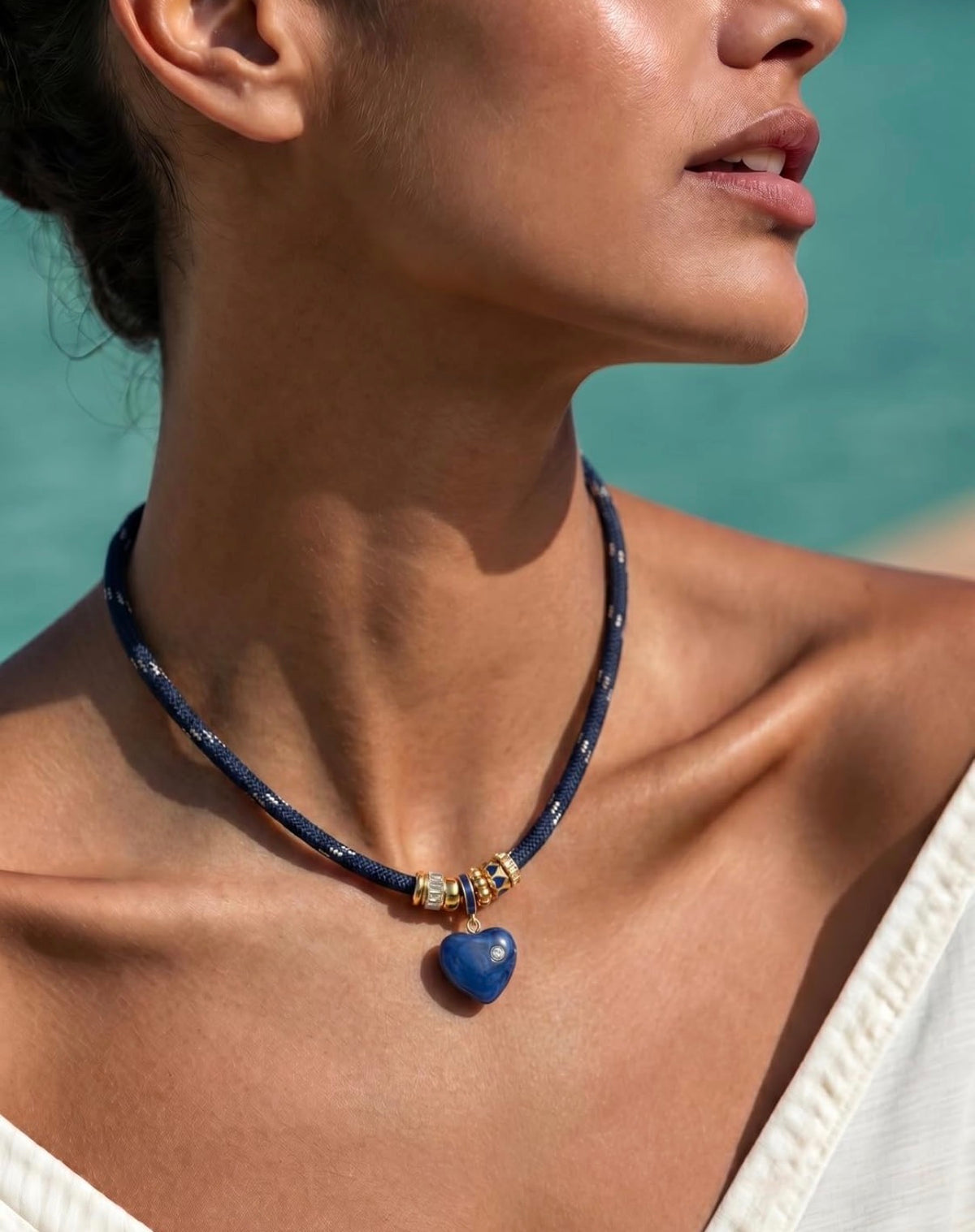 Navy Paracord Rope Choker with Gold & Enamel Charms, Navy Marbled Heart with Tiny Crystal Pendant