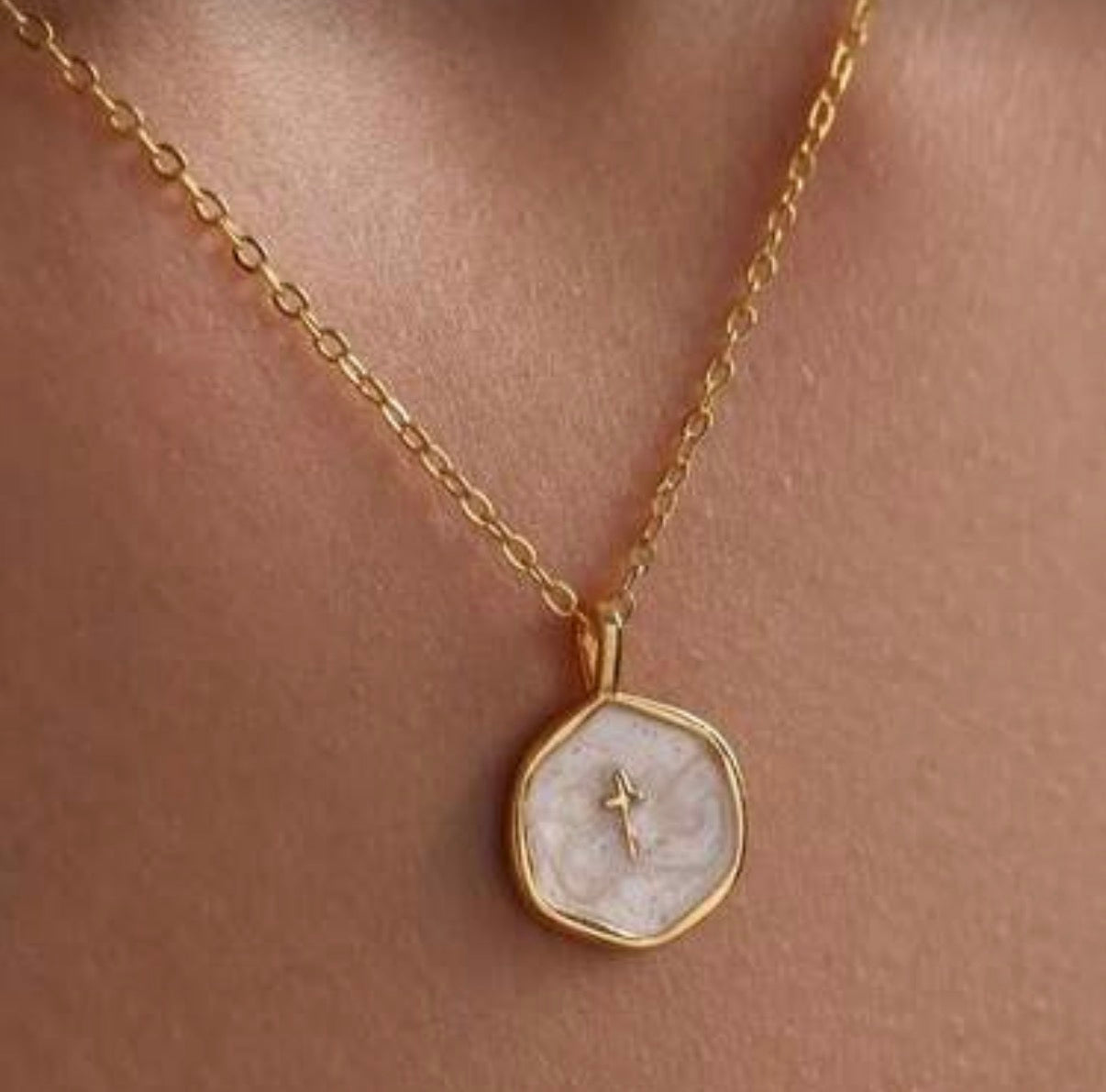 Delicate Gold Chain and Small White Pearl-like & Gold Disk Pendant with Tiny Gold Cross.