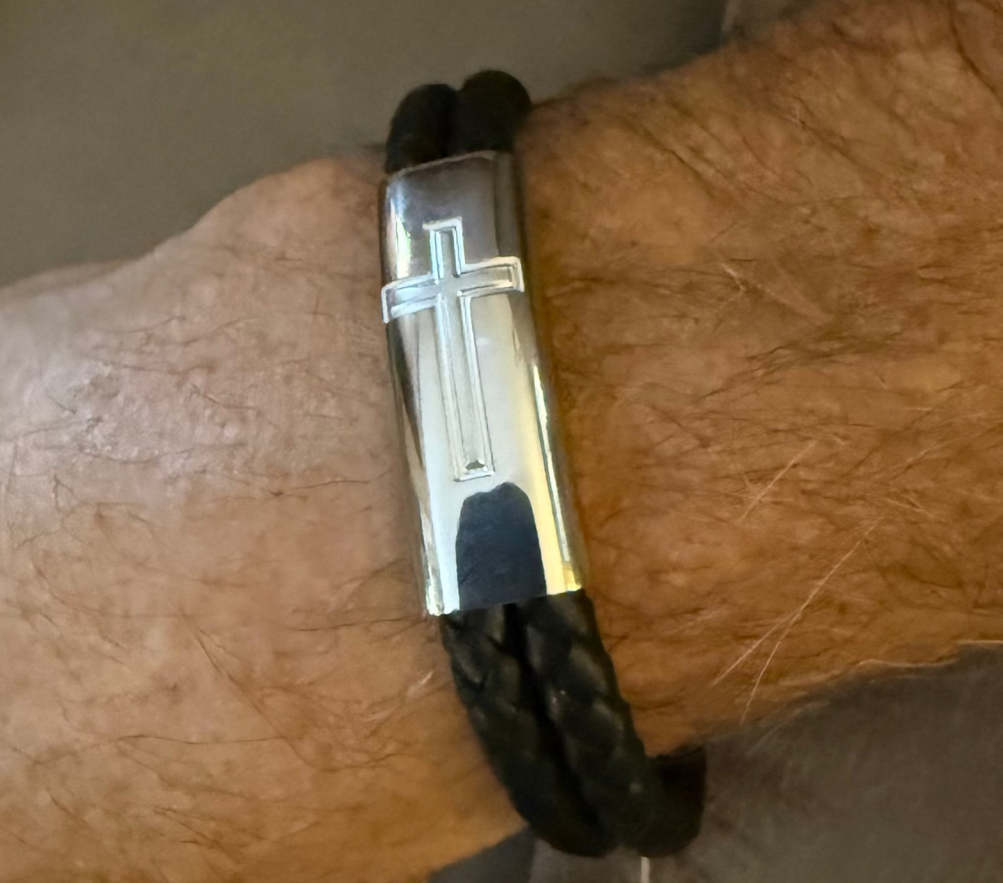 Men's Double Strand Black Leather Stainless Steel Cross Bracelet